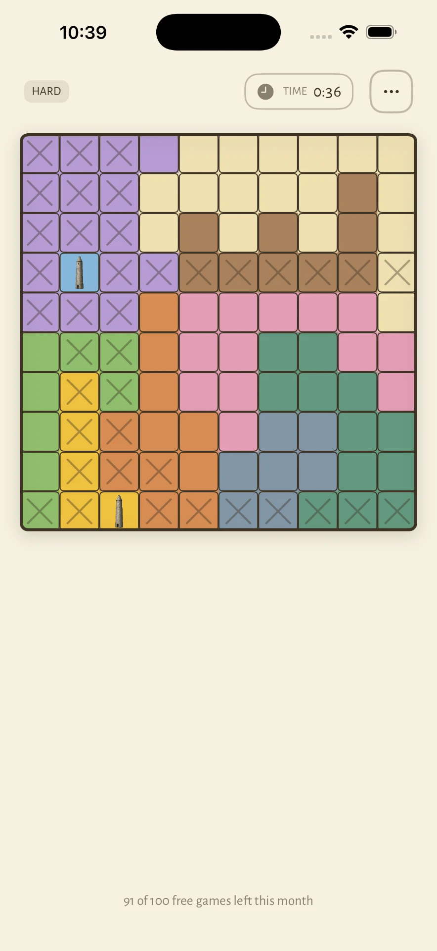 A 10 by 10 Watchtowers puzzle board mid-solve with colored fields and tower markers